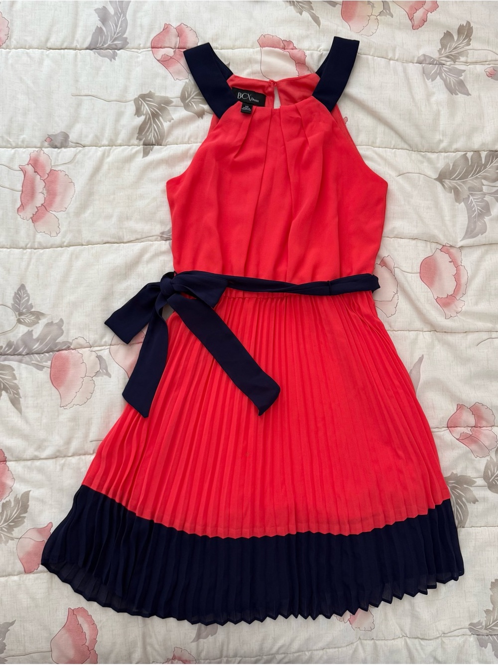 BCX Coral-Red Halter Dress with Navy Accents